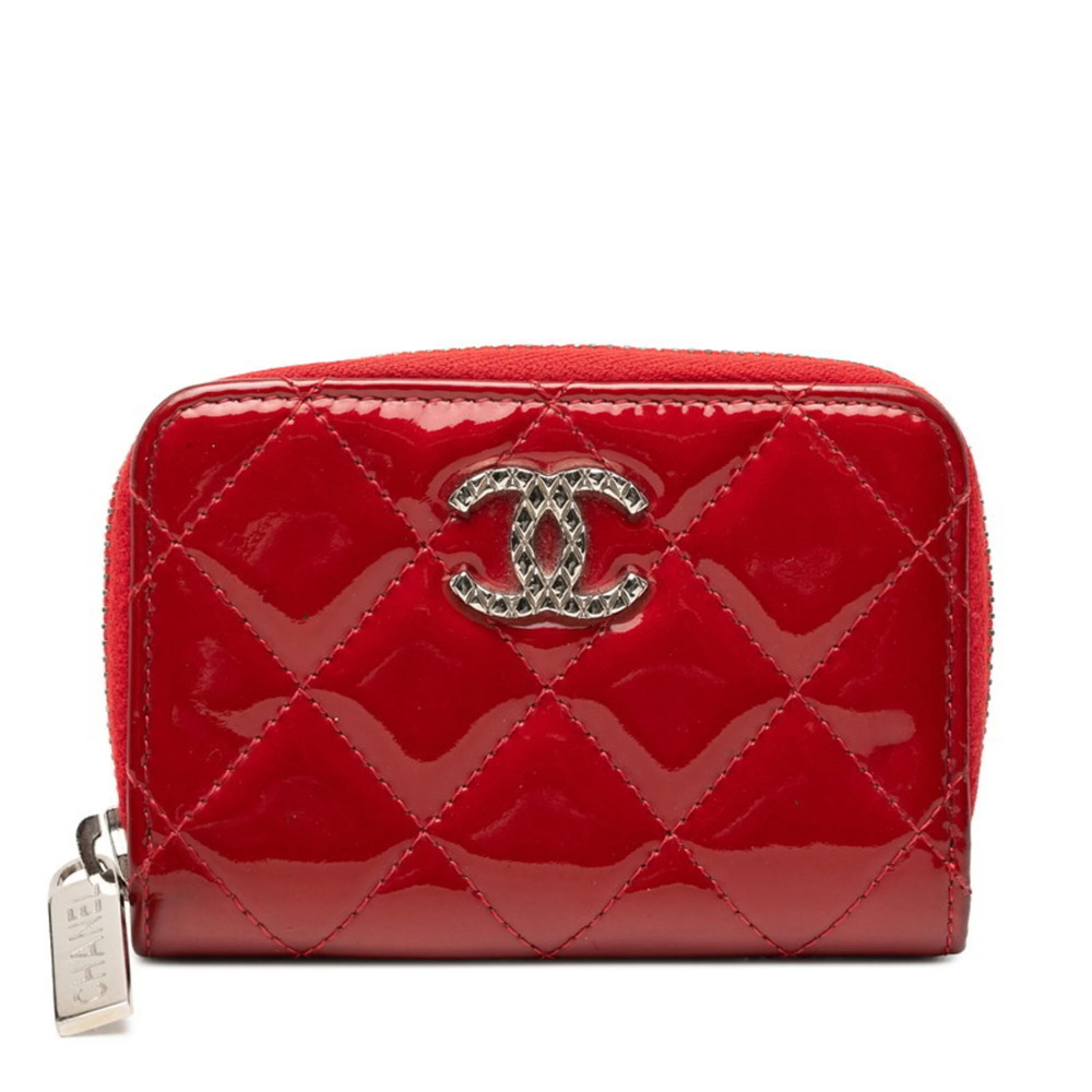 Chanel Coco Mark Matelassé Round Zip Wallet/Coin Purse, Red Patent Leather, W...